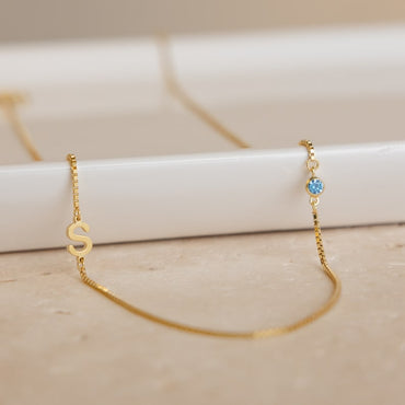 Initial Birthstone by Caitlyn Minimalist • Dainty Letter Necklace in Box Chain • Personalized Gift for Her • Mothers Gift • NM125F77