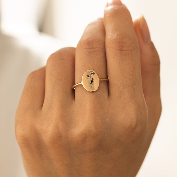 Personalized Birth Flower Ring, Floral Signet Ring, Christmas Gift for Her, Jewelry Gift for Women, Minimalist Birth Month Flower Ring