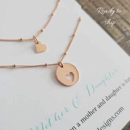 Best seller Mother gift, Mom daughter rose gold necklace wedding day shareable set heart cutout satellite chain, mother of the bride gift