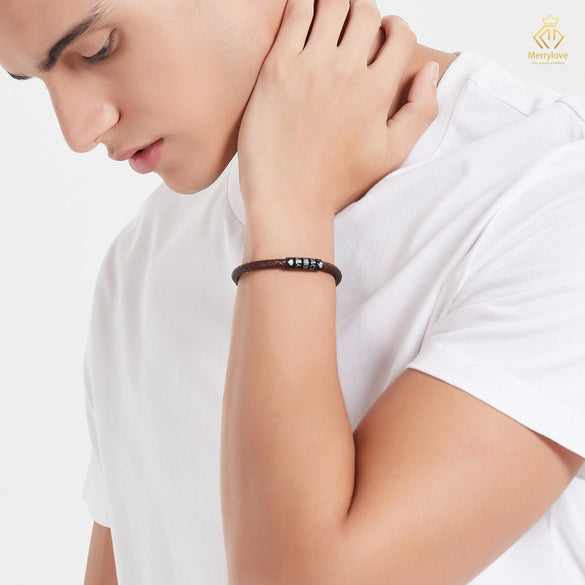 Personalized Mens Bracelet, Handmade Leather Bracelet Name with Silver Beads, Adjustable Mom Bracelet Custom Gifts For Him Kid Dad Boyfriend