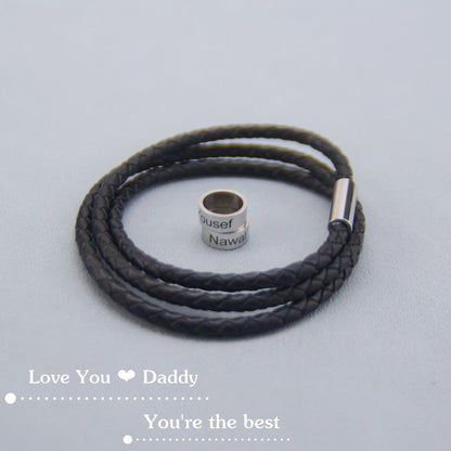 Personalized Men's Bracelet, Engraved Beads Name Bracelet, Custom Leather Bracelet Silver, Christmas Gift for Him, Best Dad Gift, Men's Gift