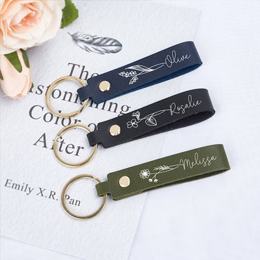 Personalized Birth Flower Keychain, Leather Keyring, Personalized Birthday Gifts for Her Women Mom, Bridesmaid Gifts, Valentine Gift for Her