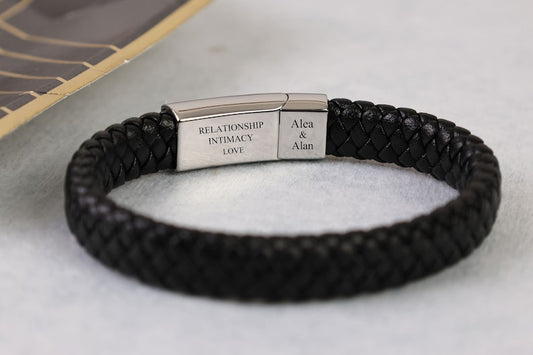 Men's Personalised Leather Bracelet with Matt Black Clasp • Engraved • Stainless Steel • Woven Leather • Hidden Message