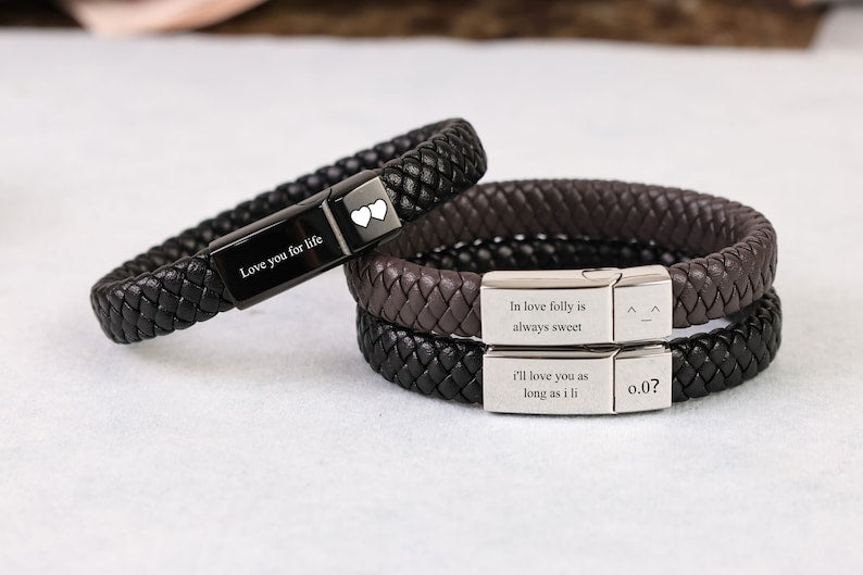 Men's Personalised Leather Bracelet with Matt Black Clasp • Engraved • Stainless Steel • Woven Leather • Hidden Message
