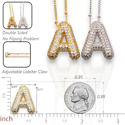 Balloon Letter Necklace, Bubble Pave Initial Pendant, 3D Gold Letter Necklace, Pave Personalized Bubble Necklace