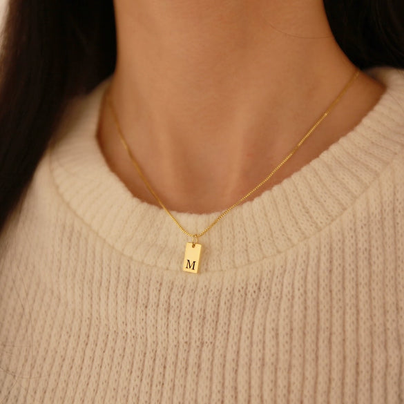 Custom Initial Necklace,Dainty Initial Tag Necklace,Gold Bar Tag Necklace,Engraved Letter Pendant Necklace,Bridesmaid Gift,Gift For Mom