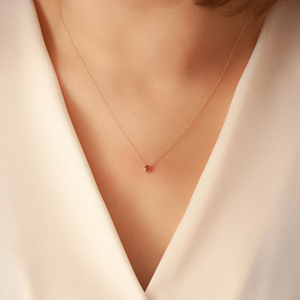 14k 18k Solid Gold Birthstone Bezel Necklace, Dainty Solitaire Birthstone Gold Necklace, Delicate CZ Birthstone Gold Necklace gift for Her.