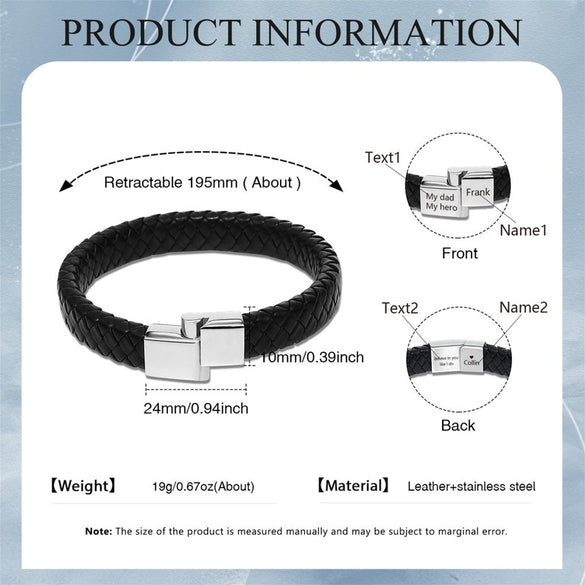 Personalized Men's PU Leather Bracelet Vintage, Stylish, and Durable Father's Day Gift with Engraved Name for Dad, Boyfriend, or Friend