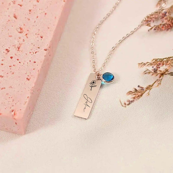 Personalized Bar Birthstone Name Necklace, Birthflower Pendant, Bar Birth flower Necklace, Anniversary Gift, Bridesmaid Necklace