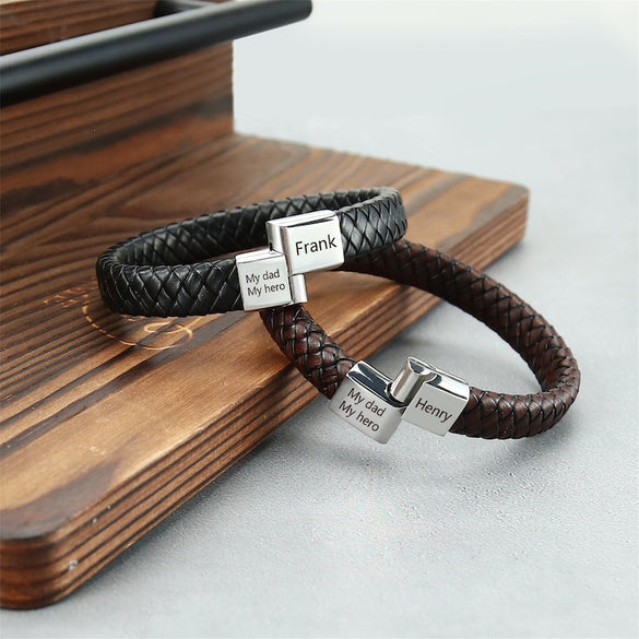 Personalized Men's PU Leather Bracelet Vintage, Stylish, and Durable Father's Day Gift with Engraved Name for Dad, Boyfriend, or Friend
