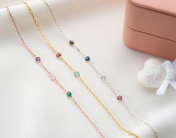 Personalized Bracelet with Birthstone Jewelry Silver Family Bracelet with Birthstones Gift for Girlfriend Valentine's Day Gift
