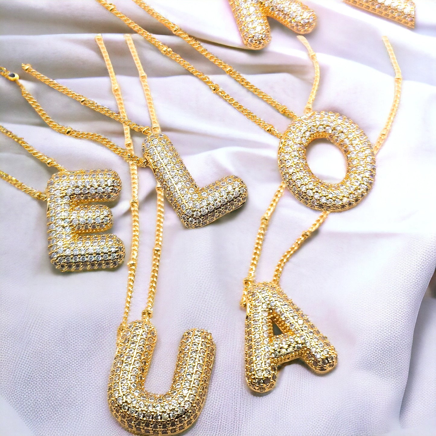 Balloon Letter Necklace, Bubble Pave Initial Pendant, 3D Gold Letter Necklace, Pave Personalized Bubble Necklace