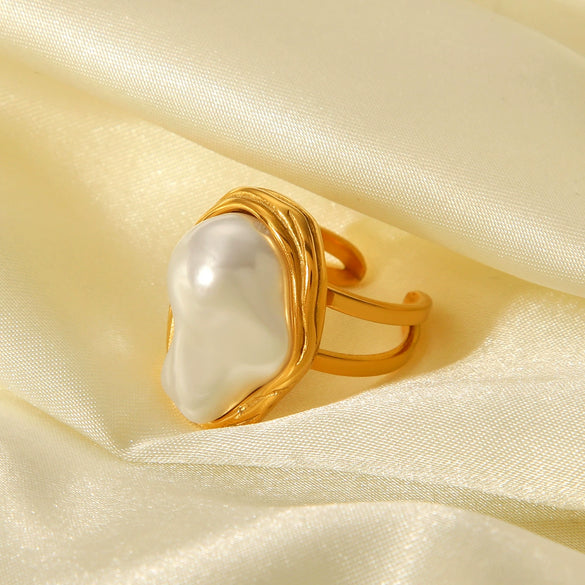 Imitation Baroque Pearl Ring Titanium Steel Electroplating Geometric Open Ring For Women
