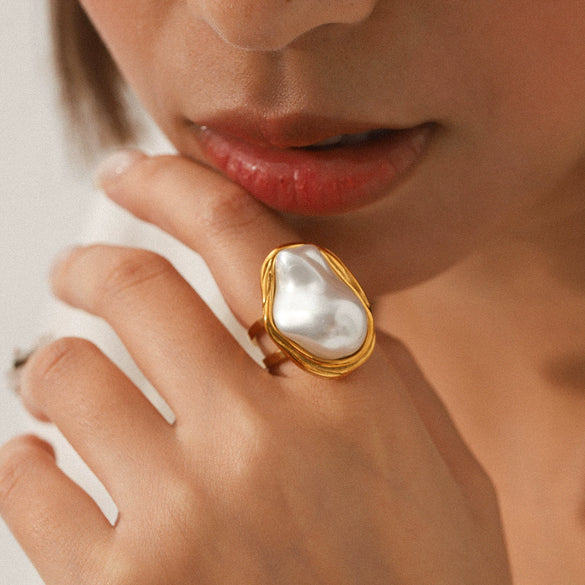 Imitation Baroque Pearl Ring Titanium Steel Electroplating Geometric Open Ring For Women
