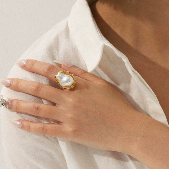 Imitation Baroque Pearl Ring Titanium Steel Electroplating Geometric Open Ring For Women