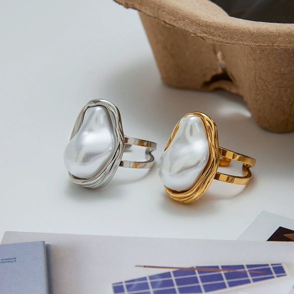 Imitation Baroque Pearl Ring Titanium Steel Non Fading Women's Jewelry With Geometric Design And Electroplating