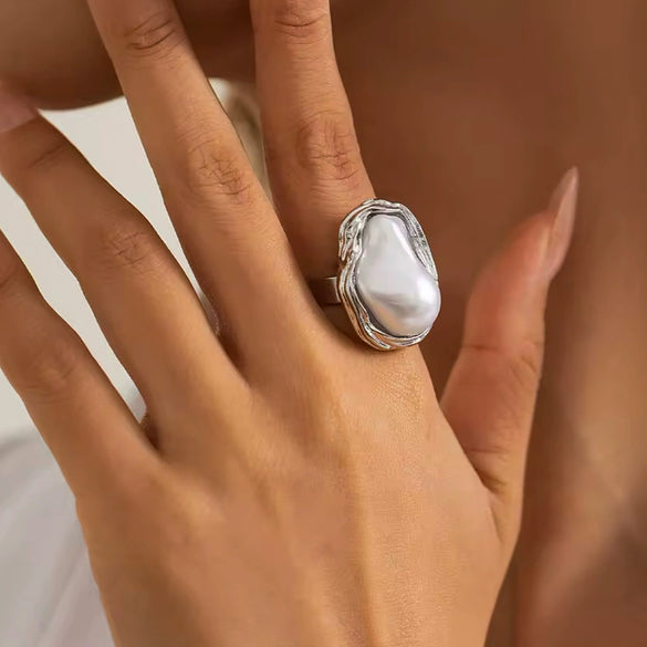 Imitation Baroque Pearl Ring Titanium Steel Non Fading Women's Jewelry With Geometric Design And Electroplating