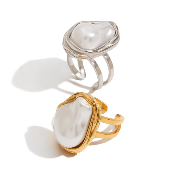 Imitation Baroque Pearl Ring Titanium Steel Non Fading Women's Jewelry With Geometric Design And Electroplating