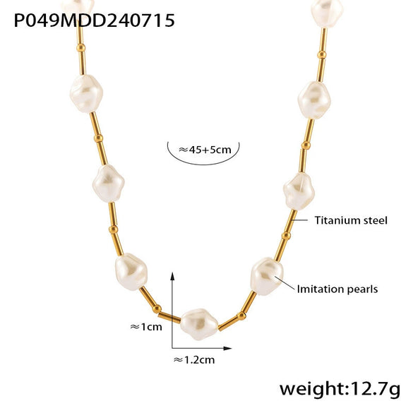 Imitation Pearl Allmatch Clavicle 316L Stainless Steel Necklace French Retro Beaded Stitching Electroplated With True Gold Geometric Style