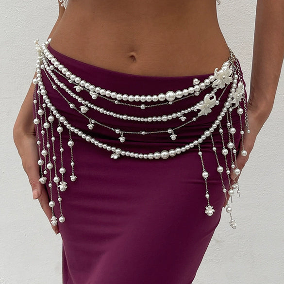Imitation Pearl And Copper Clad Iron Beaded Tassel Waist Chain For Female Casual Style