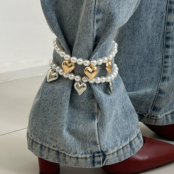 Imitation Pearl Beaded Anklet With Metal Heart Pendant And Tassel For Women Casual Style