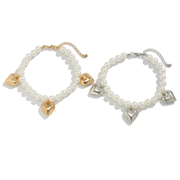 Imitation Pearl Beaded Anklet With Metal Heart Pendant And Tassel For Women Casual Style