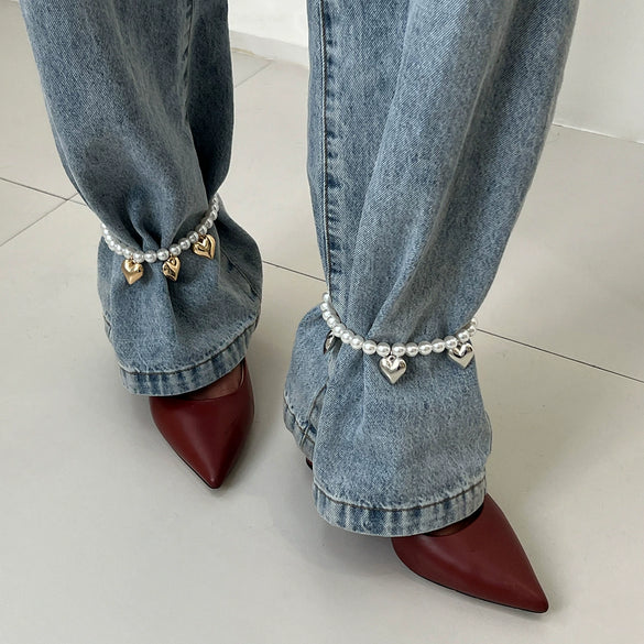 Imitation Pearl Beaded Anklet With Metal Heart Pendant And Tassel For Women Casual Style