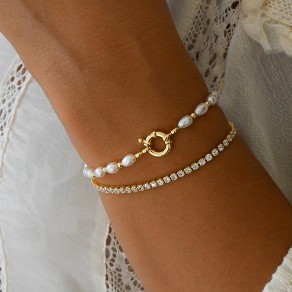 Imitation Pearl Beaded Ot Buckle Double Layer Bracelet Stainless Steel Geometric Fashion Electroplated Jewelry For Women