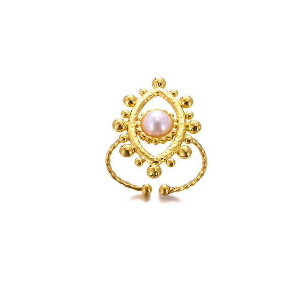 Imitation Pearl Stainless Steel Geometric Open Ring For Women Electroplated Retro Light Luxury Jewelry