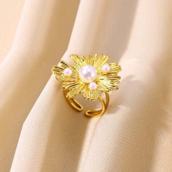 Imitation Pearl Stainless Steel Geometric Open Ring For Women Electroplated Retro Light Luxury Jewelry