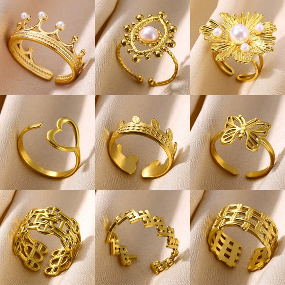 Imitation Pearl Stainless Steel Geometric Open Ring For Women Electroplated Retro Light Luxury Jewelry