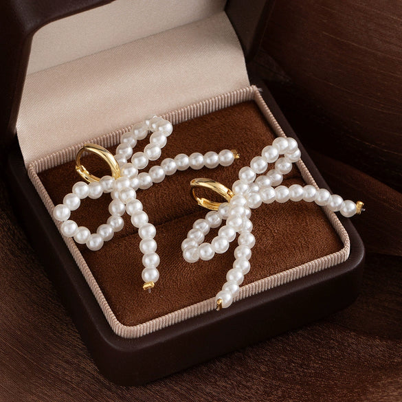 Imitation Pearl Sweet Bow Earrings For Women With Electroplating
