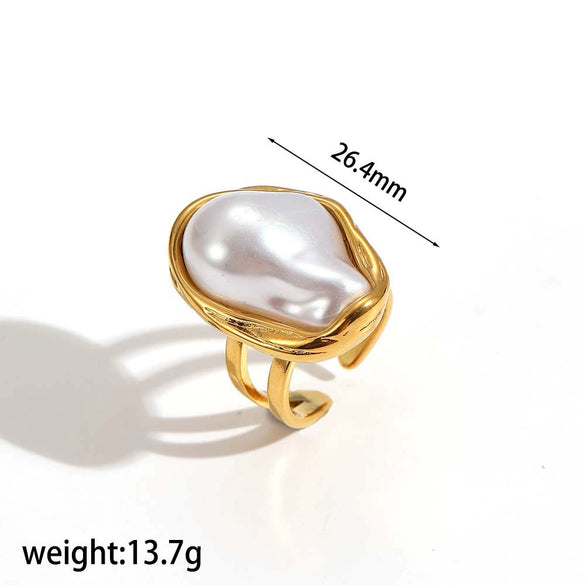 Imitation Pearl Titanium Steel Ring Earrings Jewelry Set Electroplating Irregular Opening
