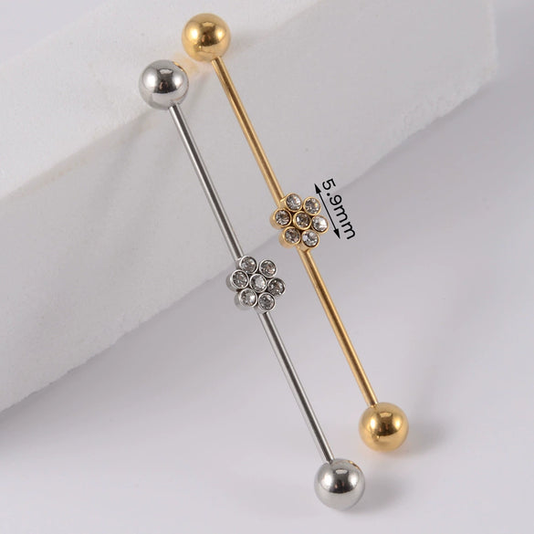 Industrial Barbell Earrings Stainless Steel Multiple Flower Hirback Pattern Electroplating