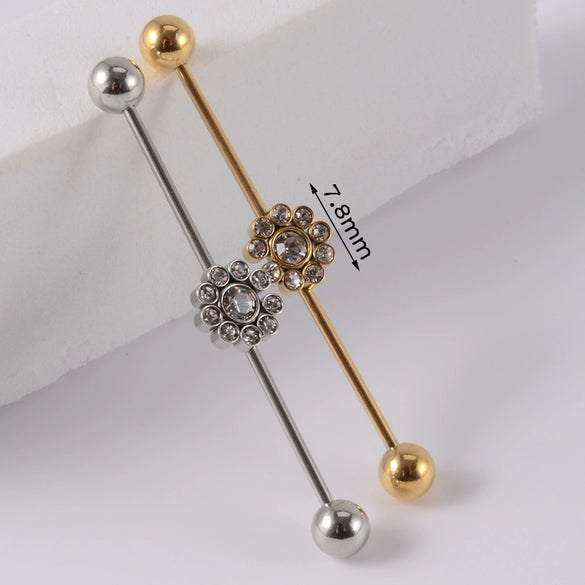 Industrial Barbell Earrings Stainless Steel Multiple Flower Hirback Pattern Electroplating