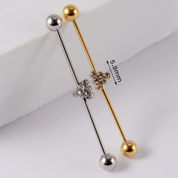 Industrial Barbell Earrings Stainless Steel Multiple Flower Hirback Pattern Electroplating