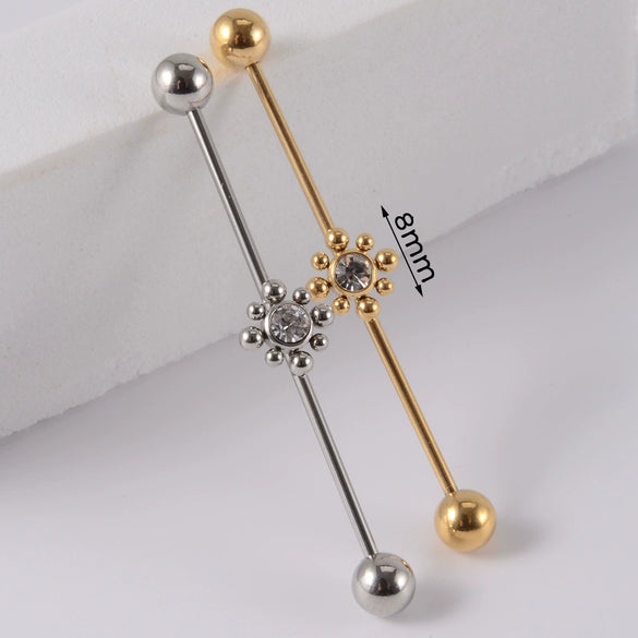 Industrial Barbell Earrings Stainless Steel Multiple Flower Hirback Pattern Electroplating