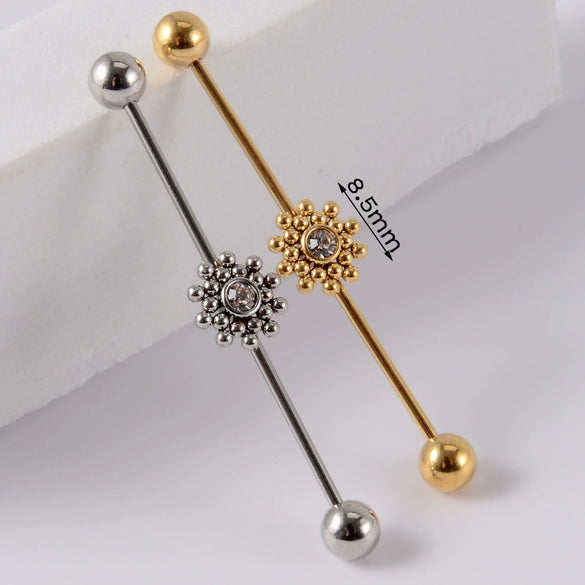 Industrial Barbell Earrings Stainless Steel Multiple Flower Hirback Pattern Electroplating