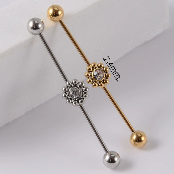 Industrial Barbell Earrings Stainless Steel Multiple Flower Hirback Pattern Electroplating