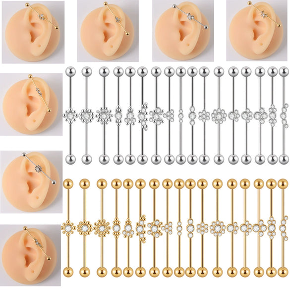Industrial Barbell Earrings Stainless Steel Multiple Flower Hirback Pattern Electroplating