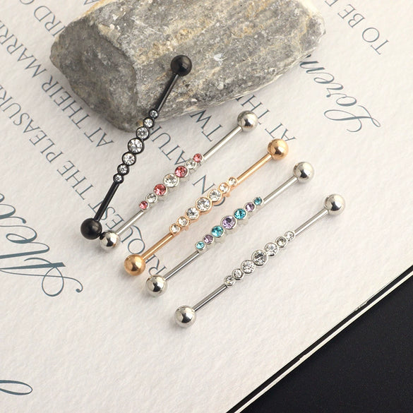 Industrial Barbell Earrings Stainless Steel Wave Style Electroplating Zircon