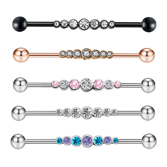 Industrial Barbell Earrings Stainless Steel Wave Style Electroplating Zircon