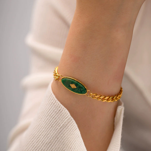 Inlaid African Jade Retro Unisex Titanium Steel Bracelet With Geometric Design And Electroplating