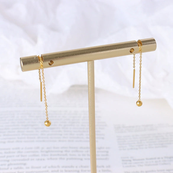 Ins Cold Style Simple Niche Mini Steel Ball Long Ear Wire Titanium Steel Plated 18K True Gold Earrings