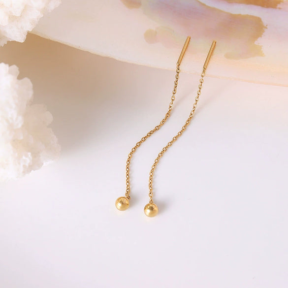 Ins Cold Style Simple Niche Mini Steel Ball Long Ear Wire Titanium Steel Plated 18K True Gold Earrings