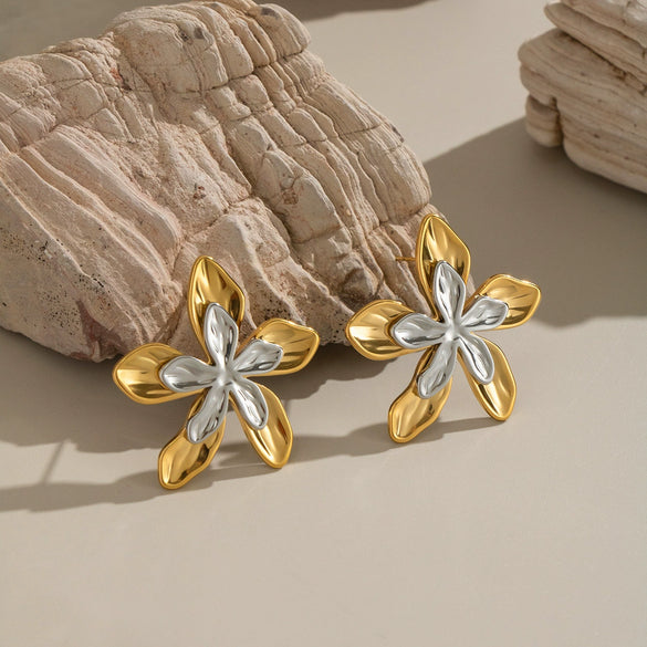 Ins Gold And Silver Color Matching Doublesided Flower Design Earrings In 18K Gold Plated Stainless Steel For Women