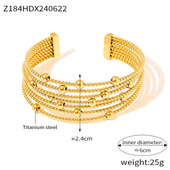 Ins Retro Fashion Multilayer Twist String Steel Ball Titanium Steel Open Bracelet 18K Gold Plated