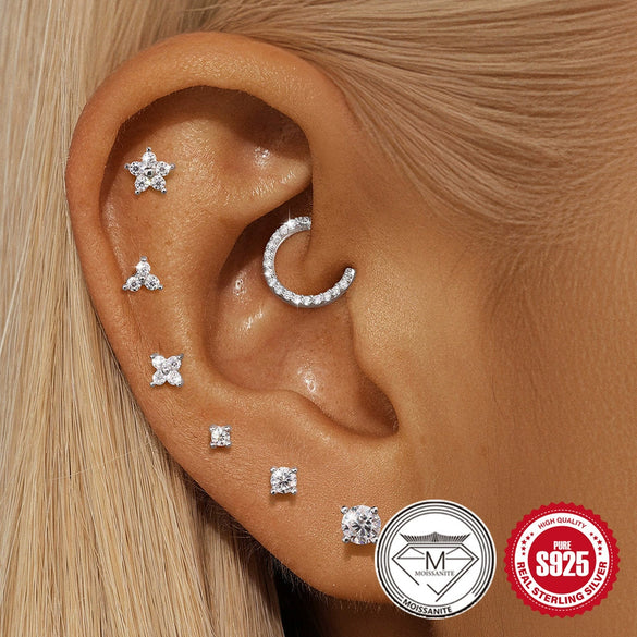 Ins Simple Petal Mosan Broken Diamond Earrings S925 Sterling Silver Thread Puncture Geometric Zirconia Design Unisex