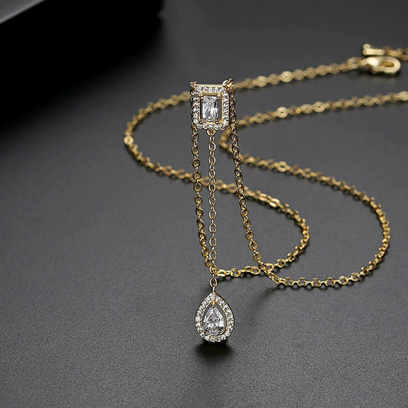 Ins Style Copper Zircon Pendant Necklace Water Drop Shape Cross Chain Electroplated Women's Jewelry