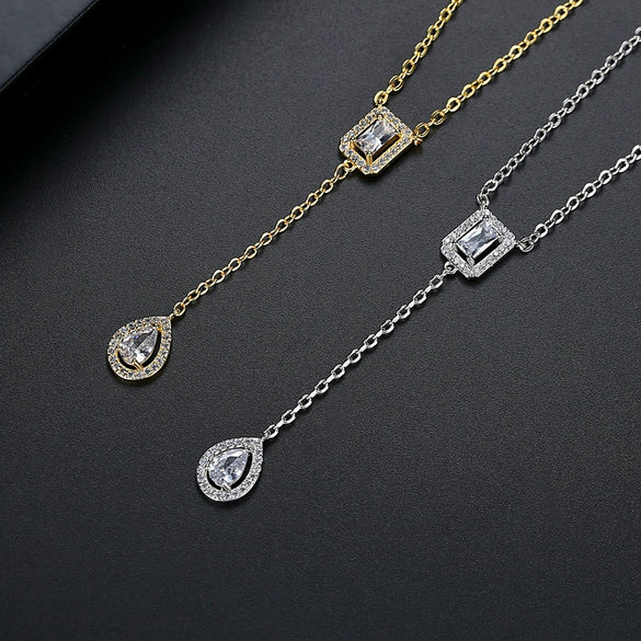 Ins Style Copper Zircon Pendant Necklace Water Drop Shape Cross Chain Electroplated Women's Jewelry